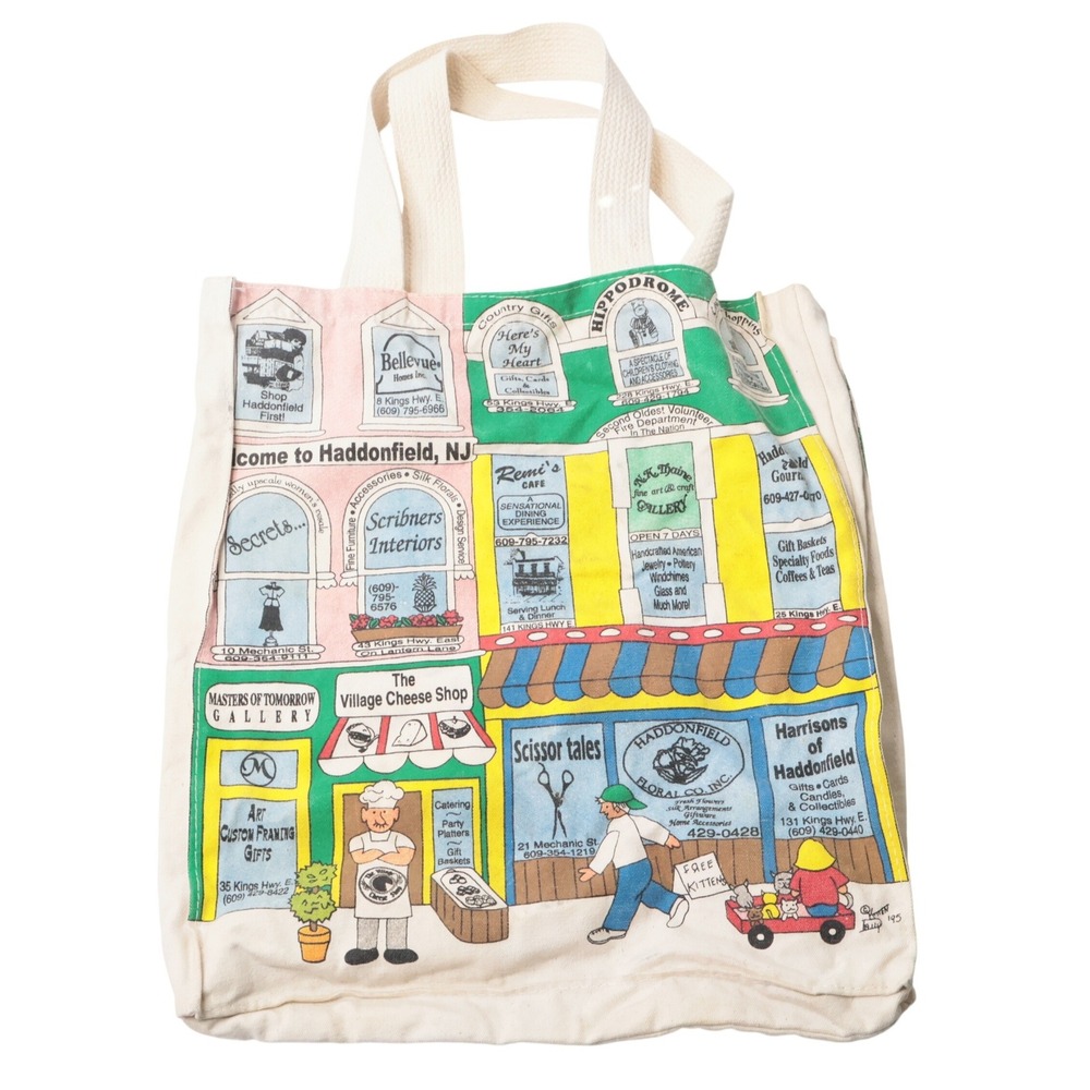 VTG 90s Haddonfield New Jersey Souvenir Canvas Tote Bag Local Businesses Cartoon
